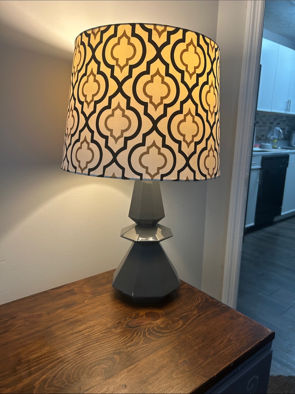 Gray Geometric Table Lamp with Patterned Shade